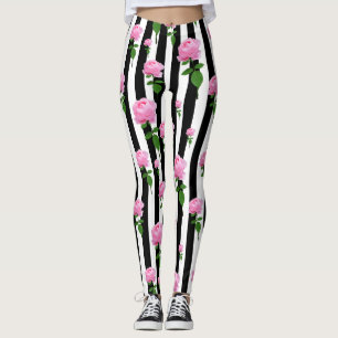 Zwart Wit Roze Roze Bloem Strepen Lijnen Leggings