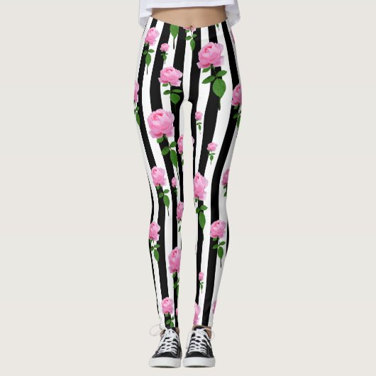 Zwart Wit Roze Roze Bloem Strepen Lijnen Leggings (Voorkant)