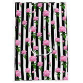 Zwart Wit Roze Roze Bloem Strepen Lijnen Medium Cadeauzakje (Achterkant)