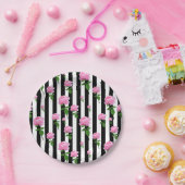 Zwart Wit Roze Roze Bloem Strepen Lijnen Papieren Bordje (Feest)