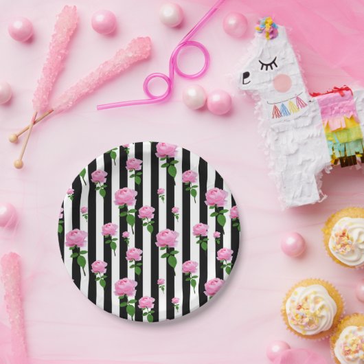 Zwart Wit Roze Roze Bloem Strepen Lijnen Papieren Bordje (Feest)