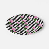 Zwart Wit Roze Roze Bloem Strepen Lijnen Papieren Bordje (Gekanteld)