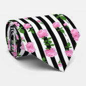 Zwart Wit Roze Roze Bloem Strepen Lijnen Stropdas (Opgerold)