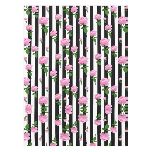 Zwart Wit Roze Roze Bloem Strepen Lijnen Tafelkleed (Voorkant)