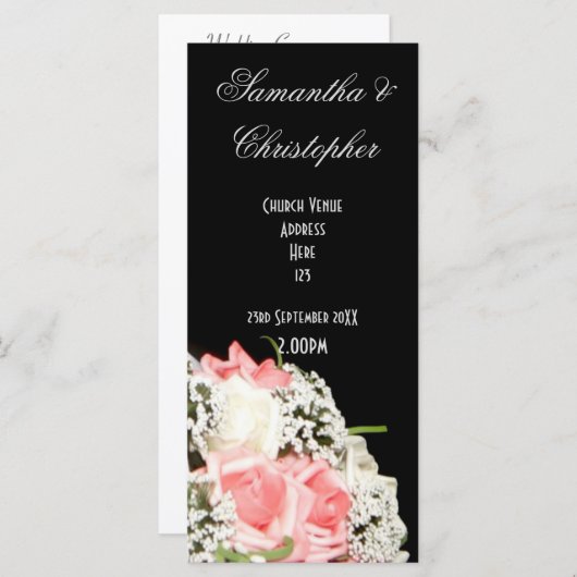 Zwart-wit roze rozenkerk huwelijksprogramma programmakaart (Voorkant / Achterkant)