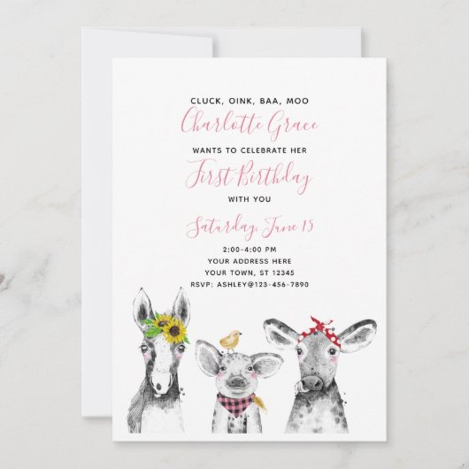 Zwart wit roze script Boerderij 1st verjaardag Kaart (Voorkant)