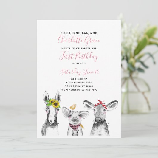 Zwart wit roze script Boerderij 1st verjaardag Kaart (Staand voorkant)