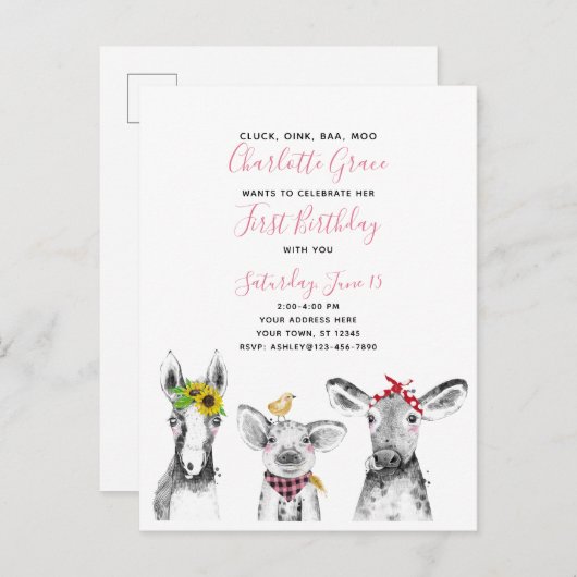 Zwart Wit Roze Script Boerderij Verjaardagsuitnodi Uitnodiging Briefkaart (Voorkant / Achterkant)