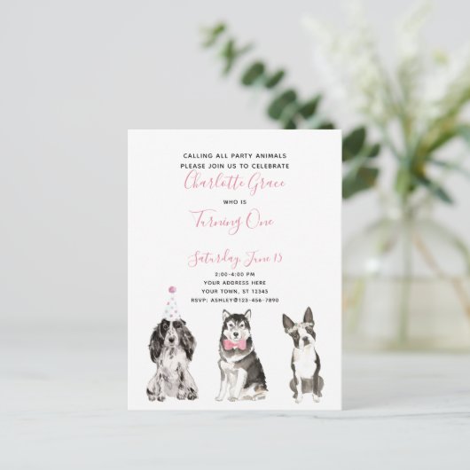 Zwart Wit Roze Script Meisje's 1e Verjaardagsfeest Uitnodiging Briefkaart (Staand voorkant)