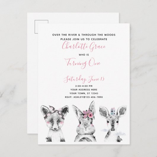 Zwart Wit Roze Script Woodland Verjaardagsfeest Uitnodiging Briefkaart (Voorkant / Achterkant)