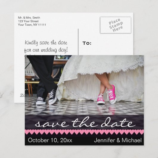 Zwart Wit Roze Sneakers Save the Date Aankondigingskaart (Voorkant / Achterkant)