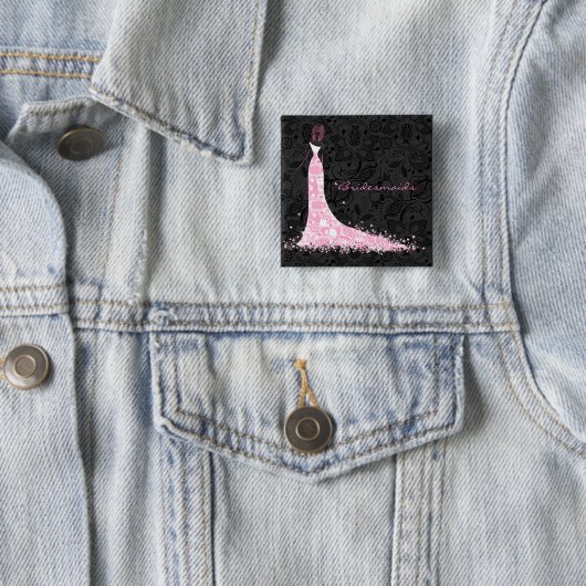 Zwart Wit & Roze Trouwjurk & Kant Vierkante Button 5,1 Cm (In situ)