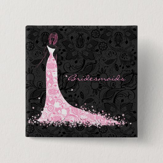 Zwart Wit & Roze Trouwjurk &  Kant Vierkante Button 5,1 Cm (Voorkant)