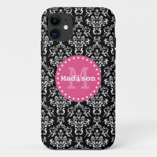 Zwart wit Roze Victoriaans Damask Monogram Case-Mate iPhone Case