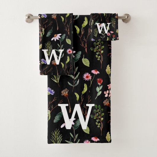 zwart wit &roze wilde bloem waterverf Monogram Bad Handdoek (Insitu)
