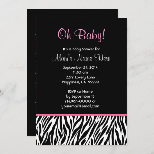 Zwart wit Roze Zebra Afdrukken Baby shower V03 Kaart (Voorkant / Achterkant)