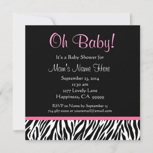Zwart wit Roze Zebra Afdrukmodel Baby shower Kaart (Voorkant)
