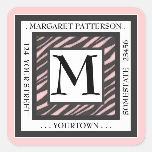 Zwart & Wit Roze Zebra Monogram Vierkant Adres Vierkante Sticker (Voorkant)