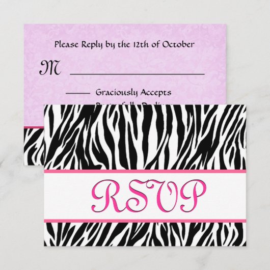 Zwart wit roze Zebra RSVP Persoonlijke respons Kaartje (Voorkant / Achterkant)