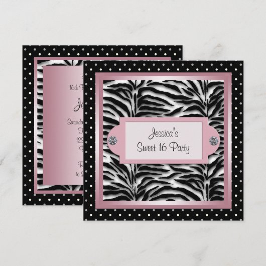 Zwart Wit Roze Zebra Sweet 16 Verjaardagsfeest Kaart (Voorkant / Achterkant)