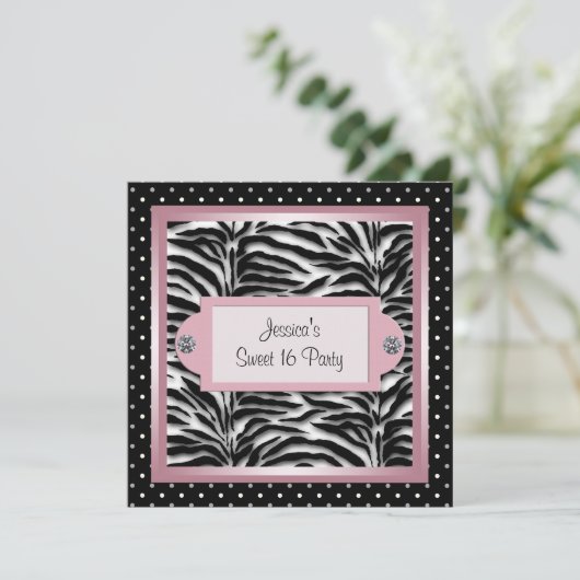 Zwart Wit Roze Zebra Sweet 16 Verjaardagsfeest Kaart (Staand voorkant)