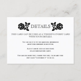 Zwart wit rozen bruiloft details insert kaart
