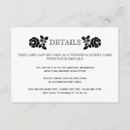 Zwart wit rozen bruiloft details insert kaart