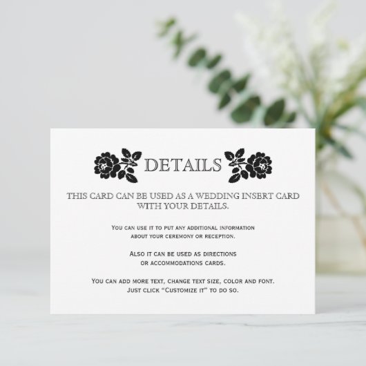 Zwart wit rozen bruiloft details insert kaart (Staand voorkant)