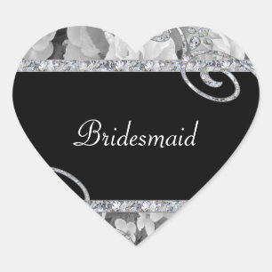 Zwart & Wit Rozen & Diamant Swirls Bruiloft Hart Sticker
