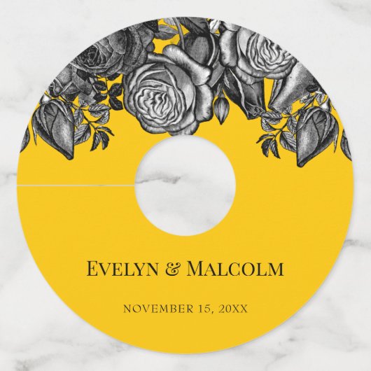 Zwart-wit Rozen Gouden Gouden Gouden Bruiloft Wijnglaslabel (Voorkant)