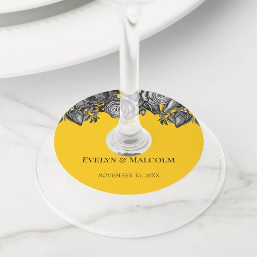 Zwart-wit Rozen Gouden Gouden Gouden Bruiloft Wijnglaslabel (Dichtbij)