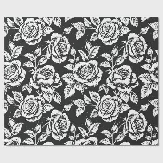 Zwart-wit  rozen patroon cadeaupapier (Vlak)
