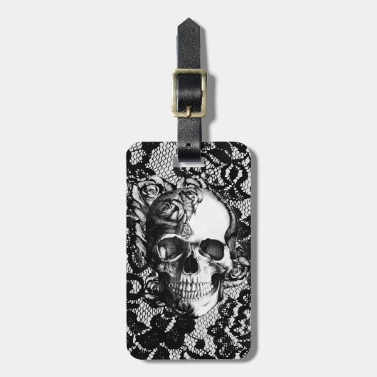 Zwart-wit rozen schedel op kanten achtergrond. bagagelabel (Voorkant verticaal)