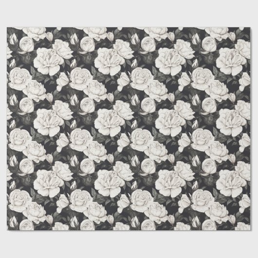 Zwart-wit rozenpatroon cadeaupapier (Vlak)