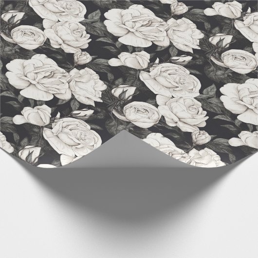 Zwart-wit rozenpatroon cadeaupapier (Hoek)