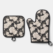 Zwart-wit rozenpatroon ovenwant & pannenlap set (Voorkant)