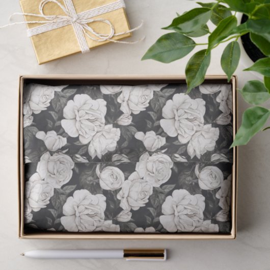 Zwart-wit rozenpatroon tissuepapier (Geschenk)