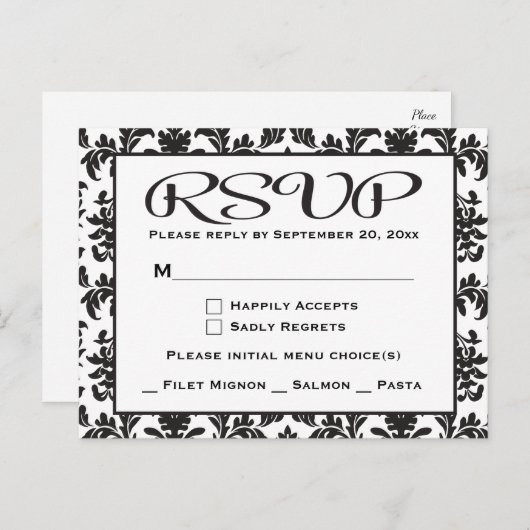 Zwart-wit RSVP Damaskbruiloft / Feest Uitnodiging Briefkaart (Voorkant / Achterkant)