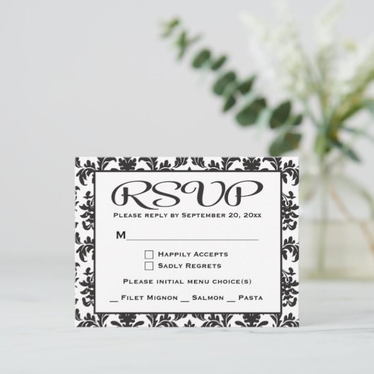 Zwart-wit RSVP Damaskbruiloft / Feest Uitnodiging Briefkaart (Staand voorkant)