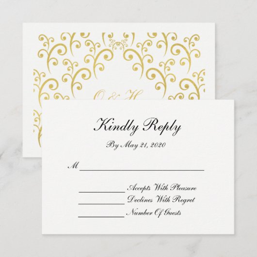 Zwart-wit RSVP-kaarten | Gold Swirls-patroon RSVP Kaartje (Voorkant / Achterkant)