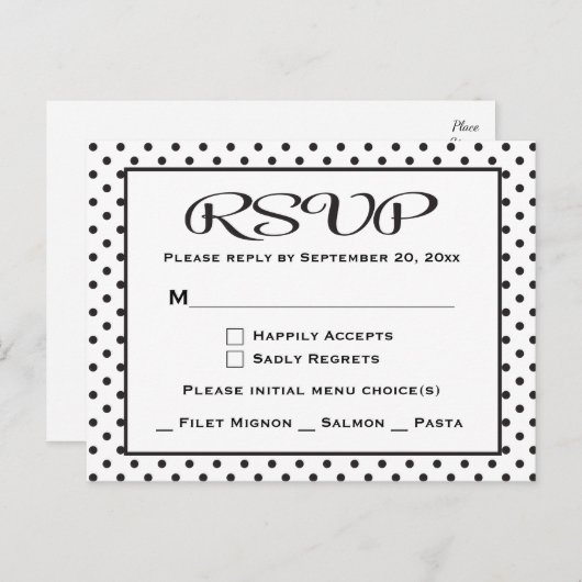 Zwart-wit RSVP Polka Dots Huwelijk / Feest Uitnodiging Briefkaart (Voorkant / Achterkant)