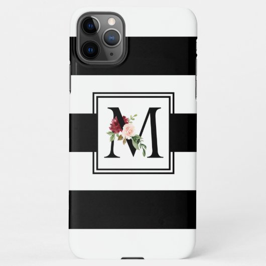 Zwart-wit Rugby Stripes Floral Monogram M iPhone Hoesje (Achterkant)
