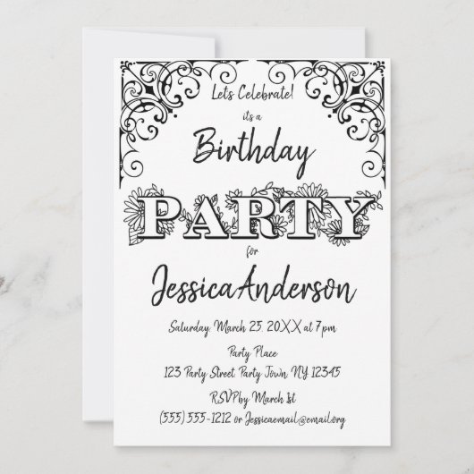 Zwart Wit Rustiek Hout Bloemen Verjaardag Kaart (Voorkant)