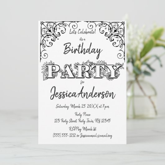 Zwart Wit Rustiek Hout Bloemen Verjaardag Kaart (Staand voorkant)