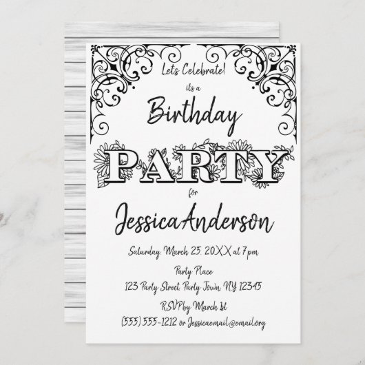 Zwart Wit Rustiek Hout Bloemen Verjaardag Kaart (Voorkant / Achterkant)