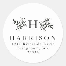 Zwart-wit rustiek monogramadressticker ronde sticker