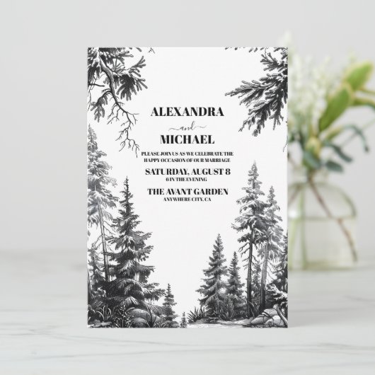 Zwart Wit Rustiek Mountain Forest Bruiloft Kaart (Staand voorkant)