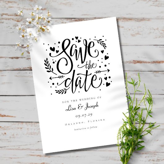 Zwart-wit rustiek script minimalistische bruiloft save the date