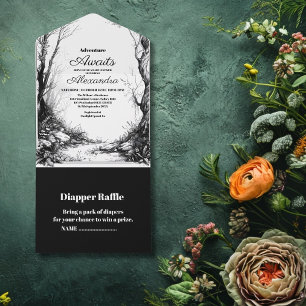Zwart Wit Rustiek Woodland Adventure Baby shower All In One Uitnodiging