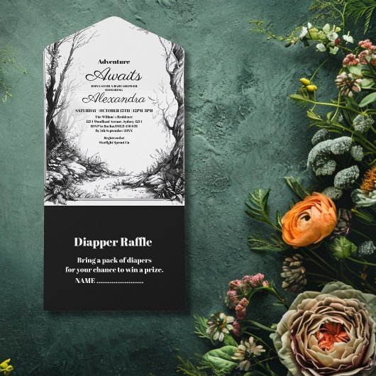 Zwart Wit Rustiek Woodland Adventure Baby shower All In One Uitnodiging